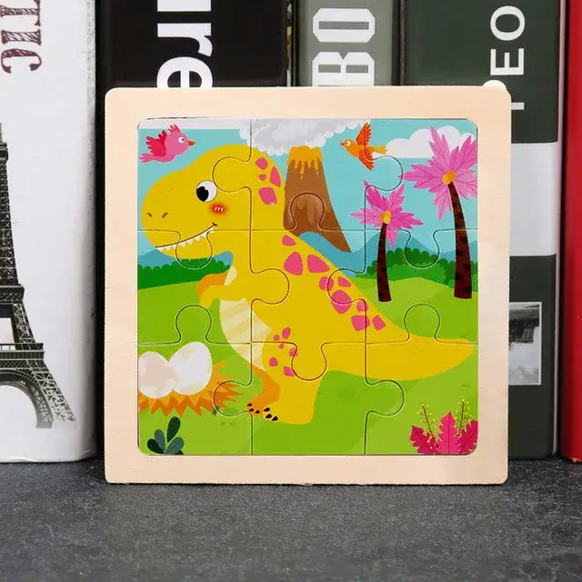 Puzzle bois pédagogique bébé en bois coloré avec dinosaure jaune à pois roses pour motricité fine des petites mains