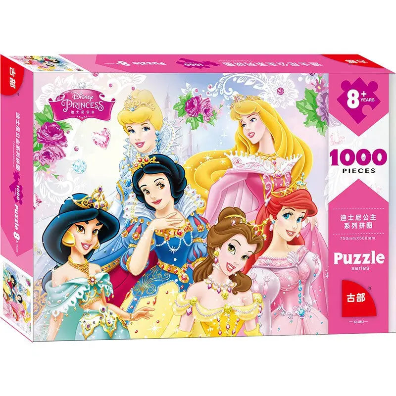 Bois princesses disney puzzle bois 1000 pièces avec six princesses colorées en robes sur boîte rose