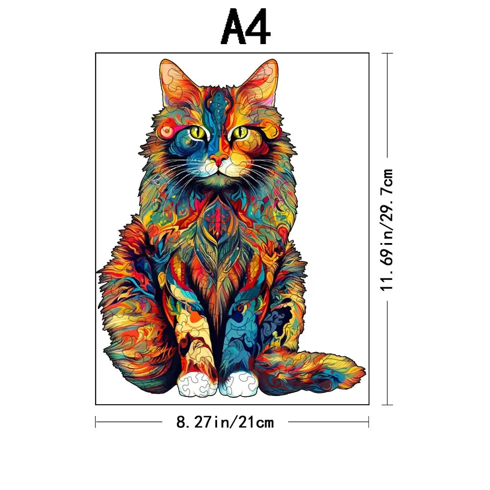 Puzzle artisanal en bois représentant un adorable félin domestique en portrait coloré style mosaïque sur toile a4