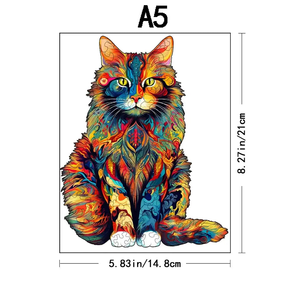 Portrait de chat adorable félin domestique en puzzle artisanal en bois avec œuvre captivante colorée sur toile a5