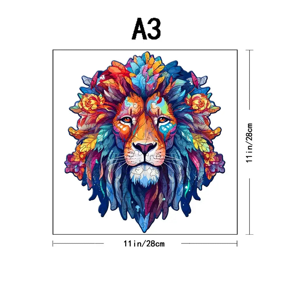 Puzzle en bois animal tête de lion majestueuse avec portrait stylisé vibrant et crinière florale colorée en bleu orange violet