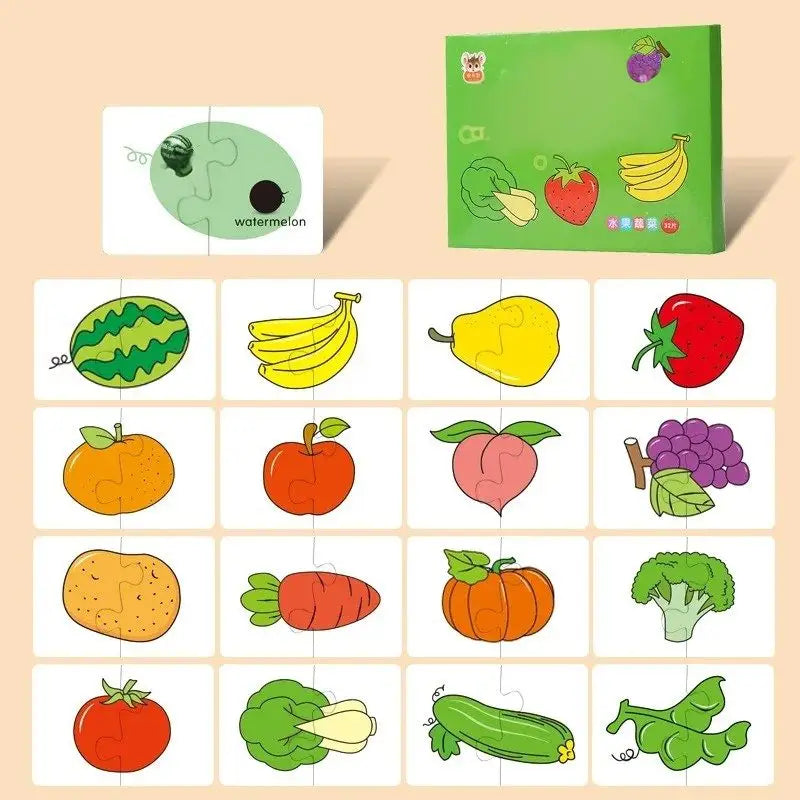 Boîte en carton verte avec illustrations colorées de fruits et légumes pour puzzle en bois pour bébé 32 pcs