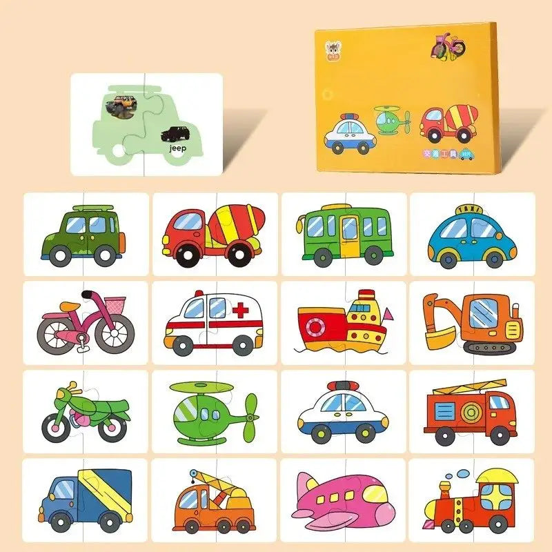 Puzzle en bois pour bebe de 32 pièces avec véhicule coloré et boîte jaune illustrée de transport cartoon