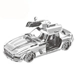Puzzle métal véhicule modèle mercedes-benz sls amg argent avec portes papillon ouvertes et design original détaillé