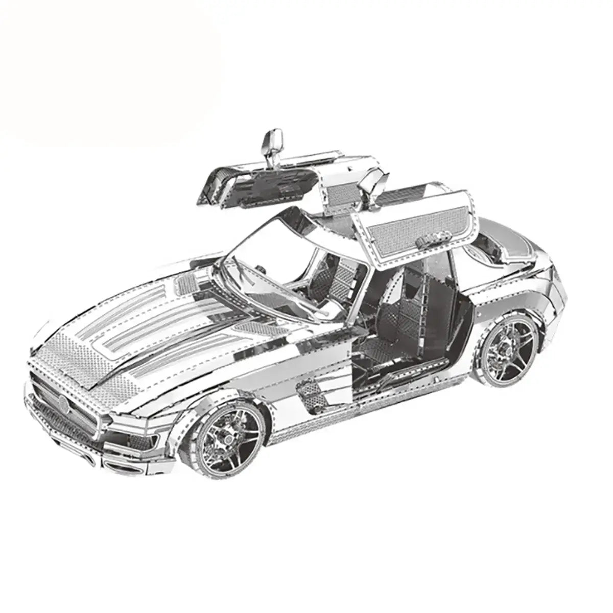 Puzzle métal véhicule modèle mercedes-benz sls amg argent avec portes papillon ouvertes et design original détaillé