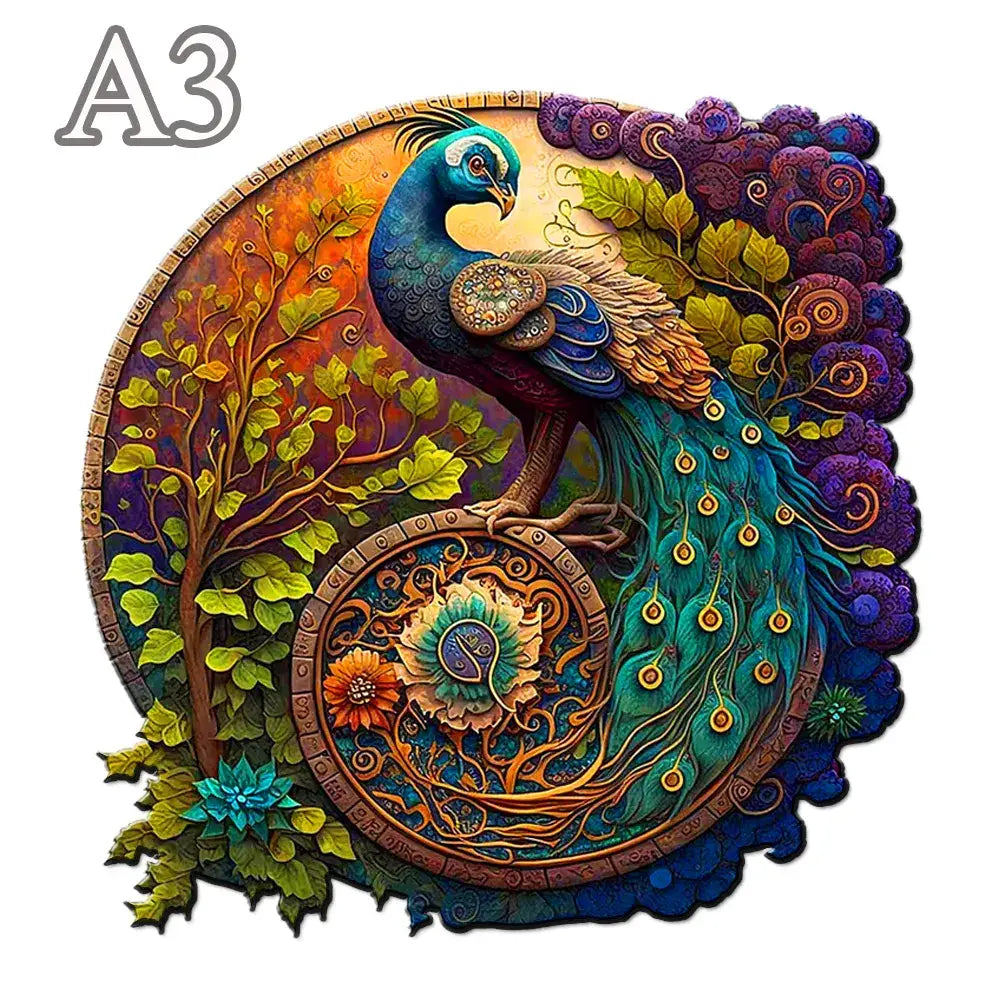 Puzzle rond en bois a3 avec peinture diamant de paon bleu et vert iridescent sur design nature en matériaux résistants inodores