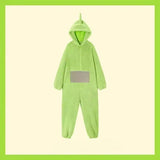 Pyjama teletubbies cosplay unisexe en peluche vert citron avec capuche et corne tinky winky et patch gris devant