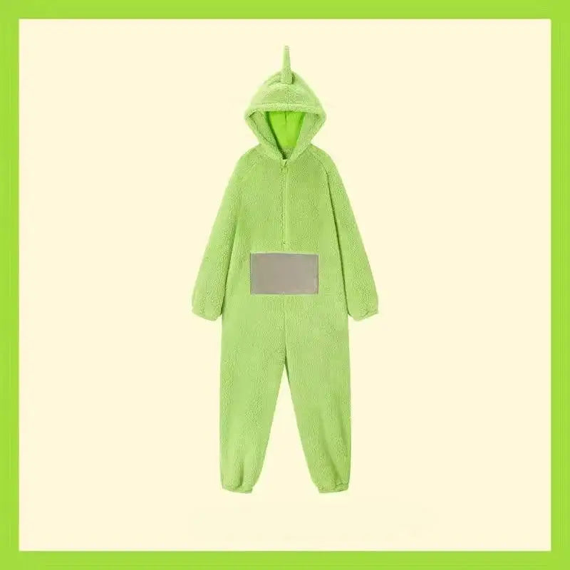 Pyjama teletubbies cosplay unisexe en peluche vert citron avec capuche et corne tinky winky et patch gris devant