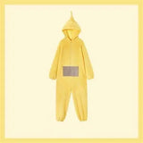 Pyjama teletubbies cosplay pour adultes unisexe en peluche jaune avec capuche et patch gris devant tinky winky