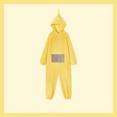 Pyjama teletubbies cosplay pour adultes unisexe en peluche jaune avec capuche et patch gris devant tinky winky