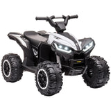 Quad électrique 12V pour enfants en noir et blanc avec pneus tout terrain, phares led et badge strong, disponible en magasins de jouets