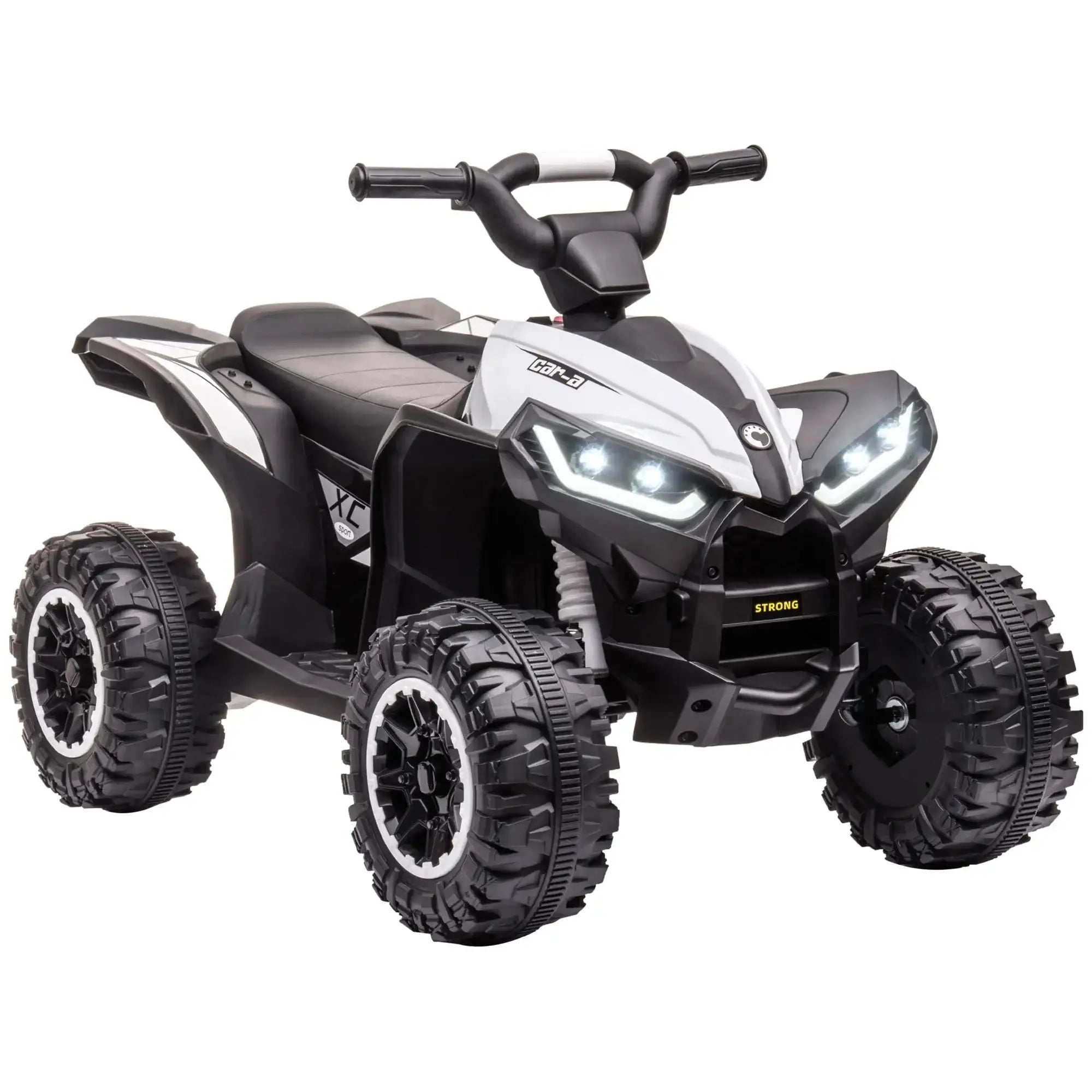 Quad électrique 12V pour enfants en noir et blanc avec pneus tout terrain, phares led et badge strong, disponible en magasins de jouets