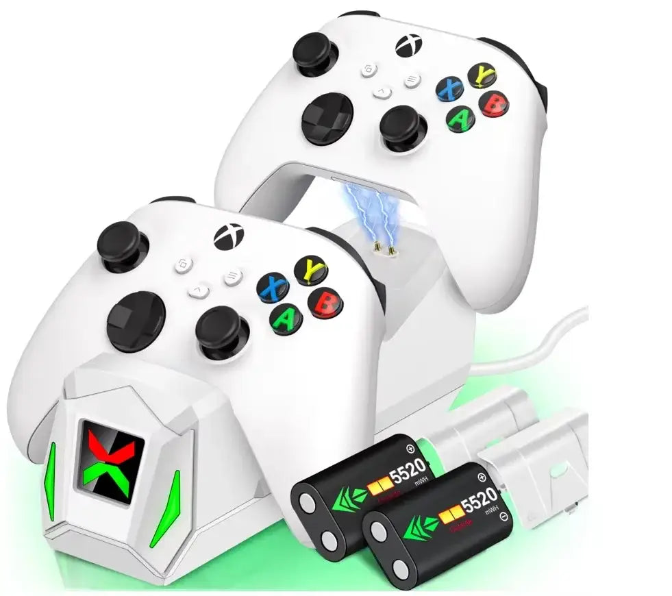 Station de recharge blanche pour manettes Xbox avec led verte et effet lumineux bleu pour batteries rechargeables et câble USB