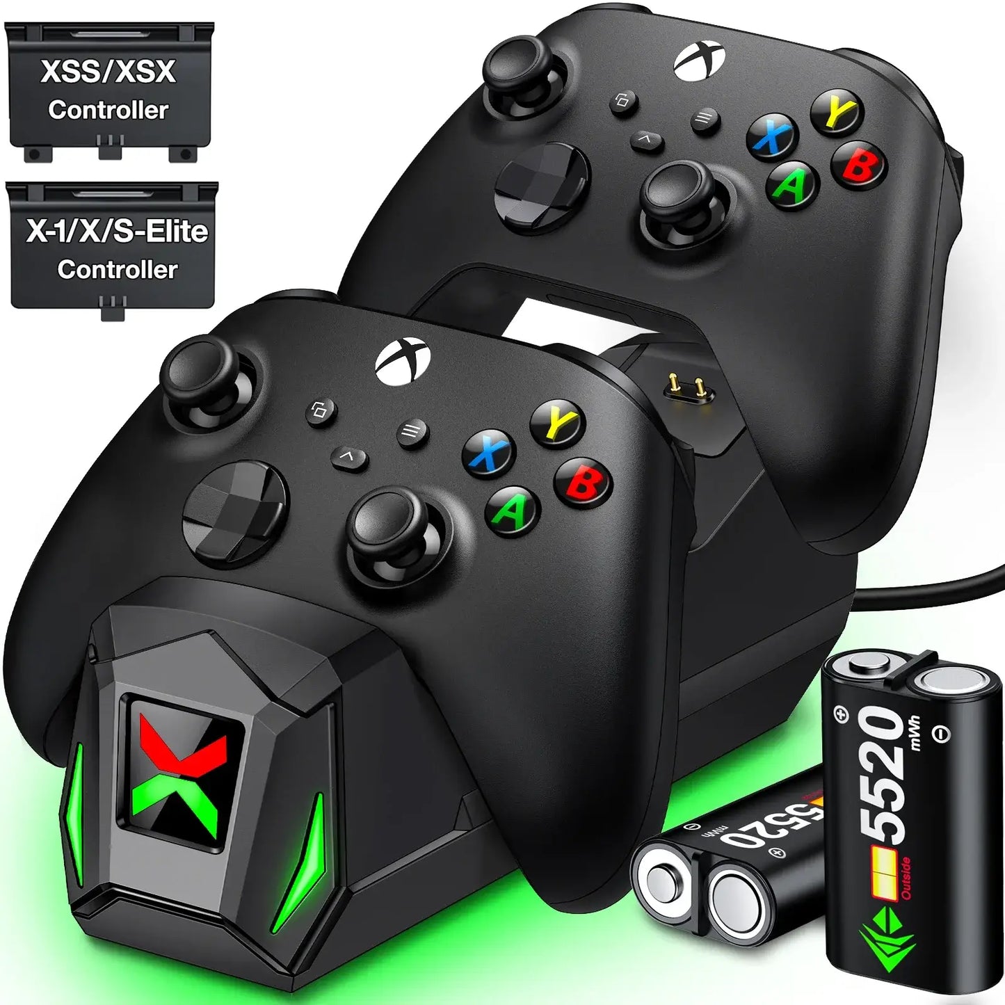 Chargeur noir pour manettes xbox series x s avec leds vertes et logo x rouge et vert pour recharge xbox batteries rechargeables via câble usb