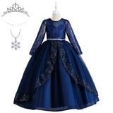 Robe bal dentelle manches longues enfant en tulle bleu marine avec perles sur la taille et l’ourlet accessoires assortis
