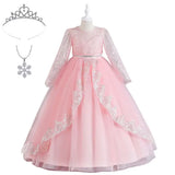 Robe bal dentelle manches longues enfant rose avec ceinture argentée perles et accessoires assortis élégants