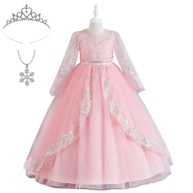 Robe bal dentelle manches longues enfant rose avec ceinture argentée perles et accessoires assortis élégants