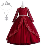 Robe bal dentelle manches longues enfant rouge profond en dentelle et tulle avec broderie et accessoires assortis