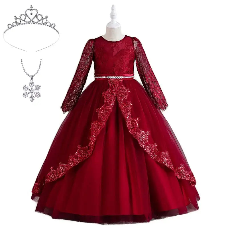 Robe bal dentelle manches longues enfant rouge profond en dentelle et tulle avec broderie et accessoires assortis