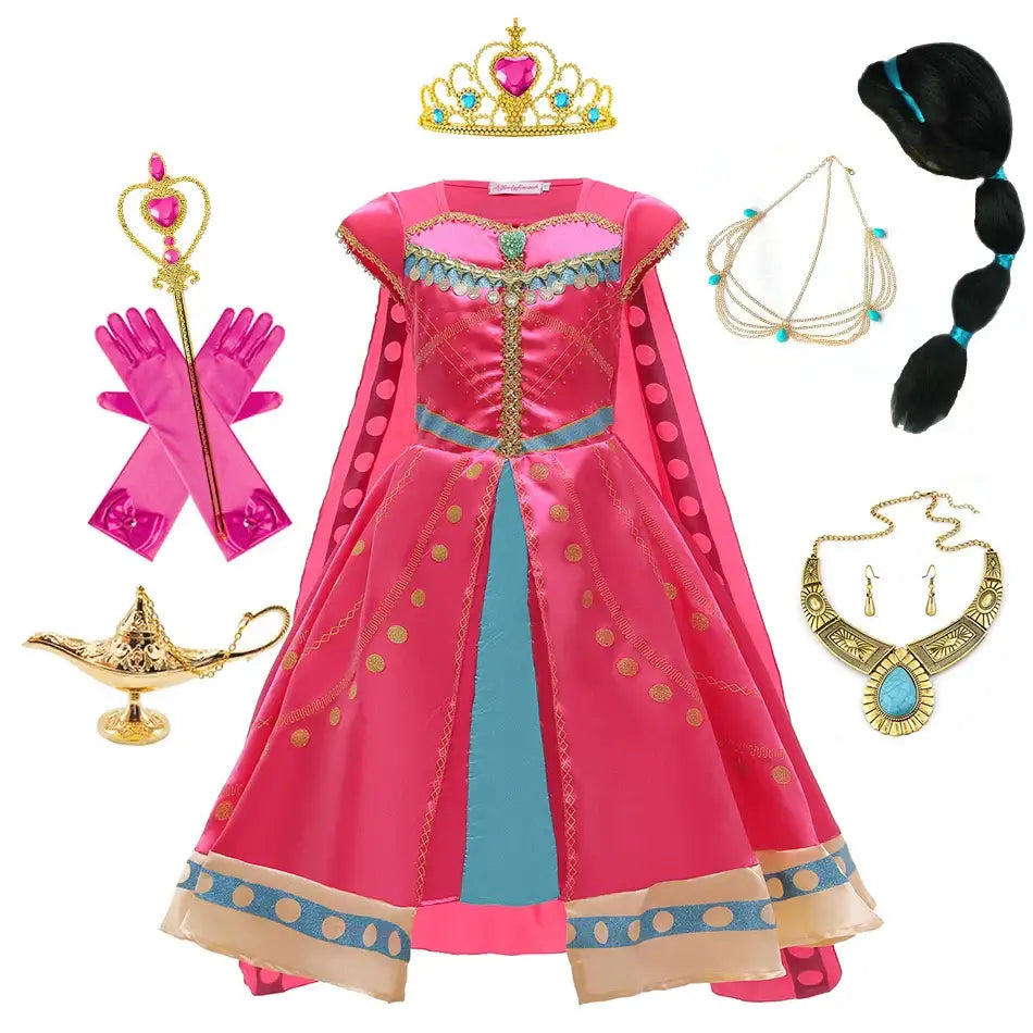 Robe princesse en satin rose avec accents turquoise et pois dorés, capelet brodé pour cosplay princesse jasmine déguisement carnaval