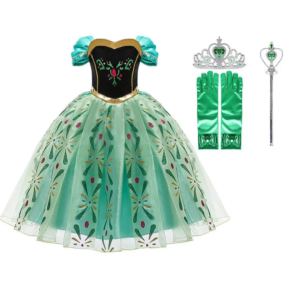Robe cosplay reine des neiges anna bleu teal et noir avec broderie florale et jupe tulle pour déguisement carnaval