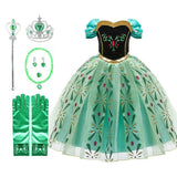 Robe cosplay reine des neiges anna en tissu satin vert menthe avec corset noir brodé or et rouge deguisement carnaval