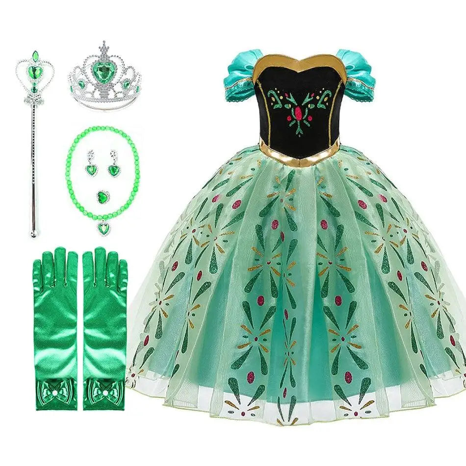 Robe cosplay reine des neiges anna en tissu satin vert menthe avec corset noir brodé or et rouge deguisement carnaval