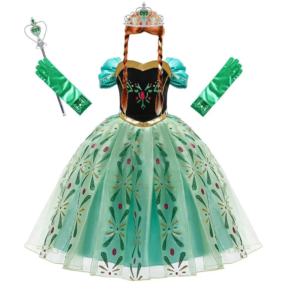 Robe cosplay reine des neiges anna bleu canard et noir avec jupe en tulle, broderies vertes, gants, tiara et baguette