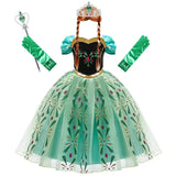 Robe cosplay reine des neiges anna bleu canard et noir avec jupe en tulle, broderies vertes, gants, tiara et baguette