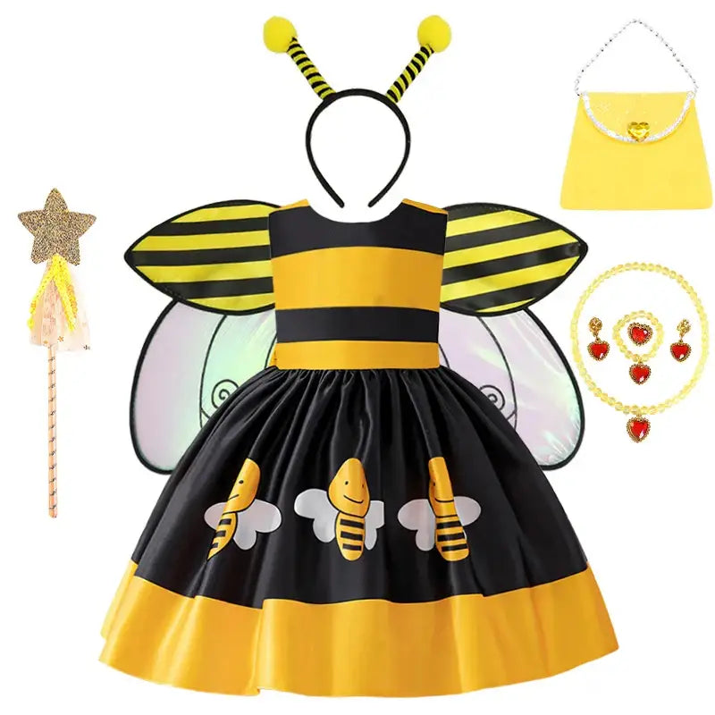 Robe costume abeille enfant jaune et noire avec imprimé abeilles sur la jupe idéale pour sac à main et baguette magique