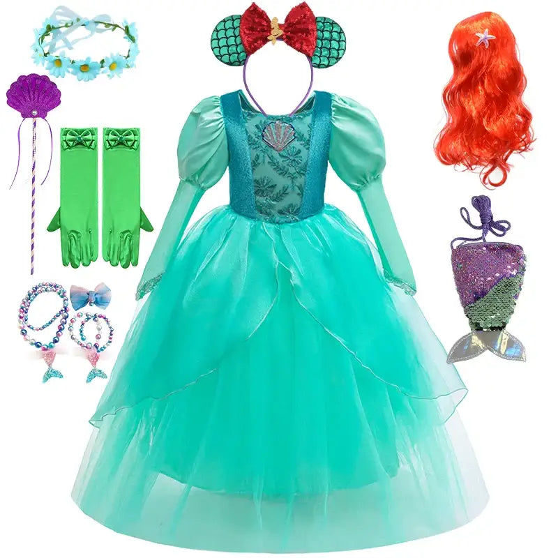 Robe costume ariel enfant teal avec manches bouffantes et jupe tulle brodée coquillage petite sirène