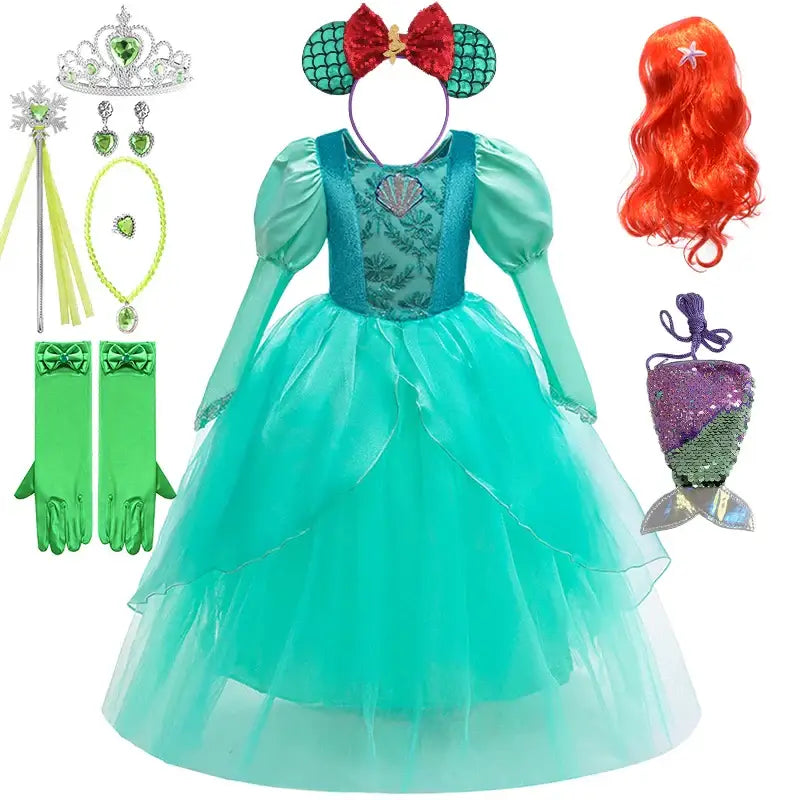 Robe costume ariel enfant en tulle bleu canard avec corsage brodé coquillage et manches bouffantes petite sirène