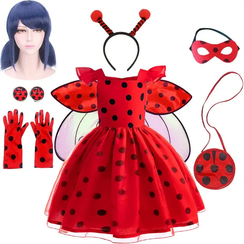Robe costume coccinelle ladybug miraculous rouge à pois avec jupe en tulle et ailes en tissu petite justicière