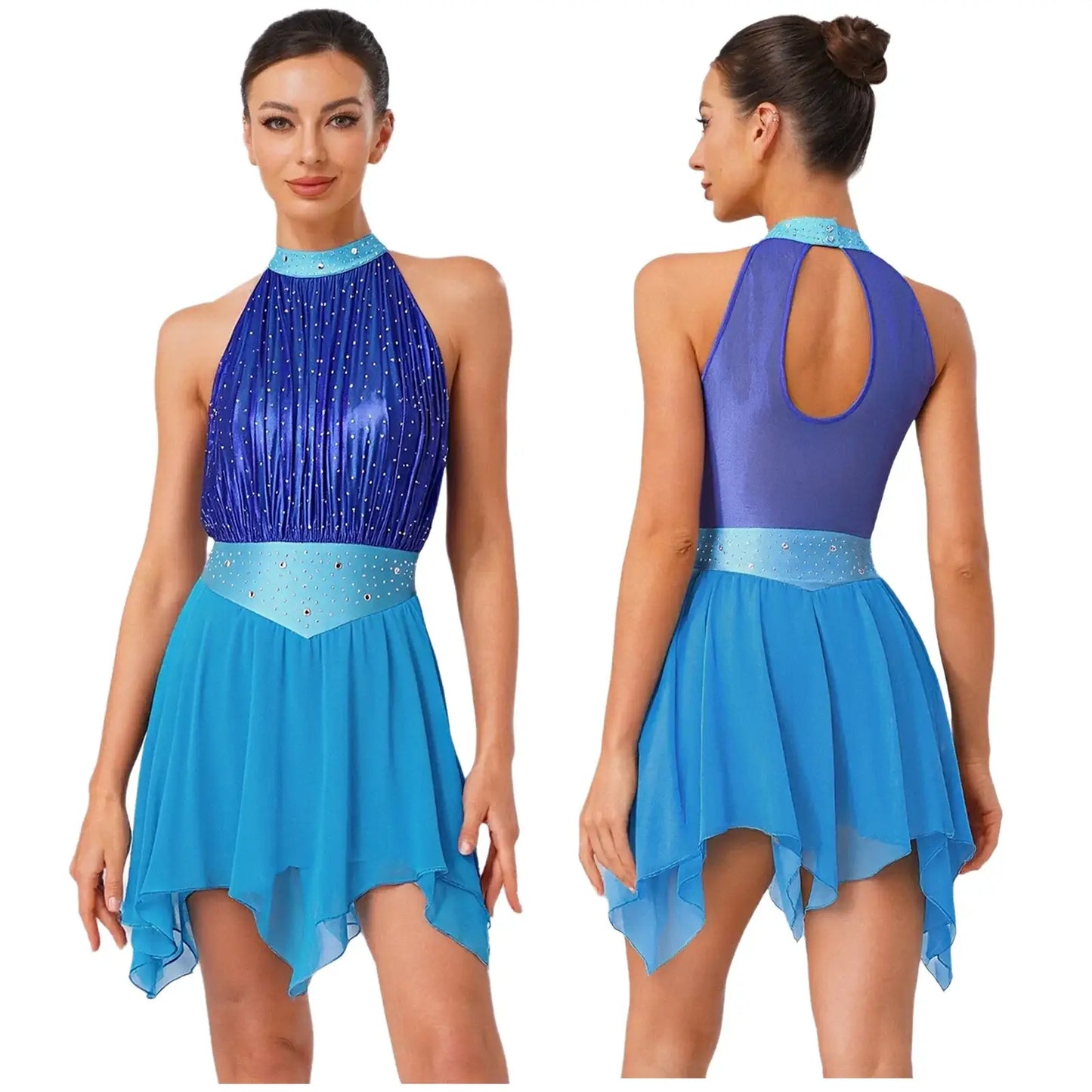 Robe danse gymnastique rythmique bleue à sequins avec un voile transparent et une jupe asymétrique en tissu léger
