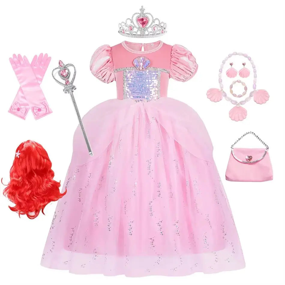 Robe de bal enfant princesse ariel rose avec manches bouffantes, corsage pailleté et jupe en tulle robe fantastique
