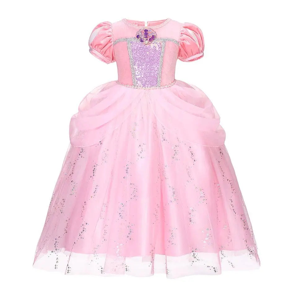 Robe de bal enfant princesse ariel rose avec manches bouffantes et corsage pailleté robe fantastique princesse ariel costume