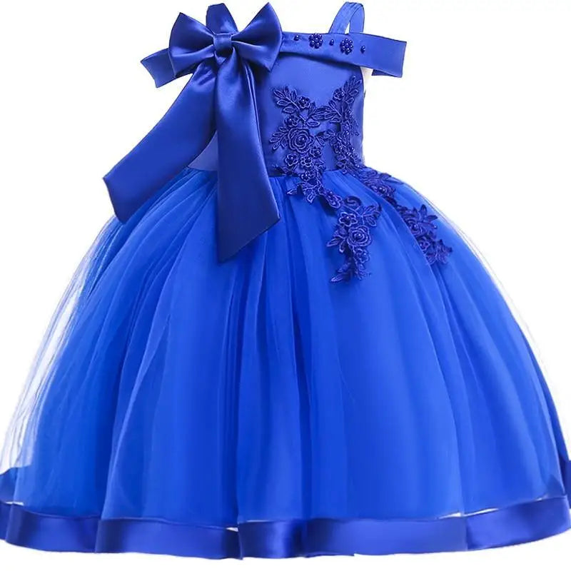Robe de princesse brodée pour fille en satin bleu royal avec fleur élégante à fleurs et jupe en tulle volumineuse