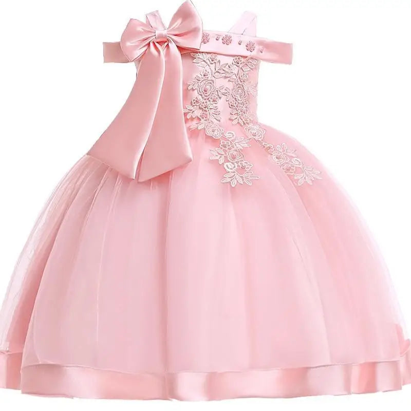 Robe de princesse brodée pour fille en tulle rose avec appliqués fleuris élégante à fleurs et nœud satiné