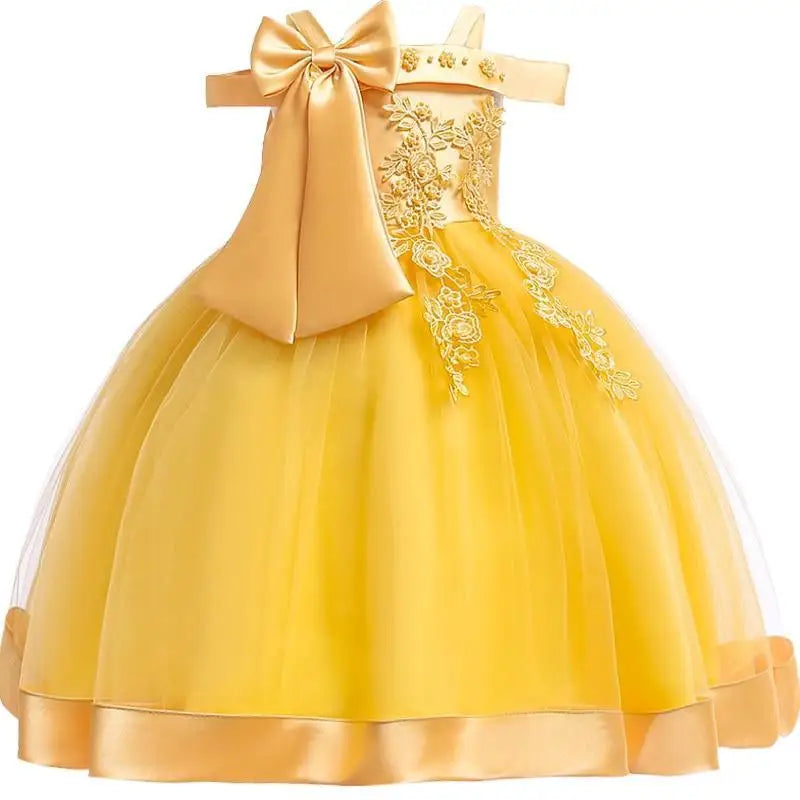Robe de princesse brodée pour fille en tulle jaune vibrant avec ruban doré satin et grand nœud élégant à fleurs