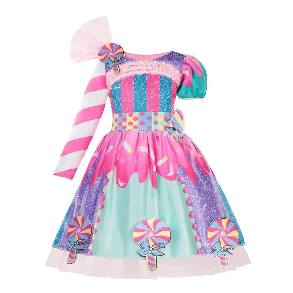 Robe de princesse multicolore avec bodice rayé pailleté, manches bouffantes et jupe appliqués sucettes pour référence âge