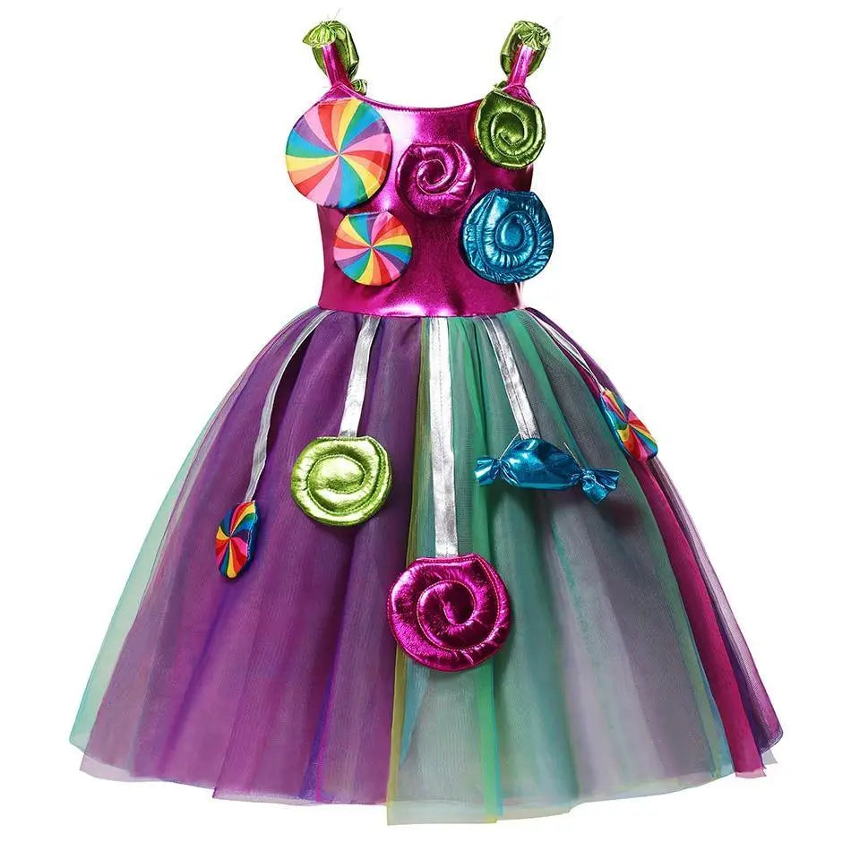 Robe de princesse multicolore en tulle violet et vert avec appliqués bonbons métalliques costume robe référence âge