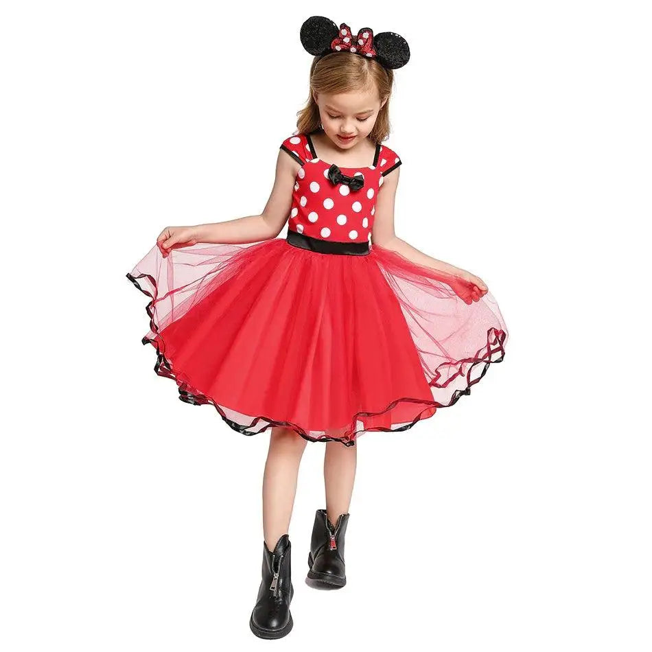 Robe fantaisie minnie rouge à pois avec bordure noire et serre-tête assorti idéale pour fêtes d’anniversaire