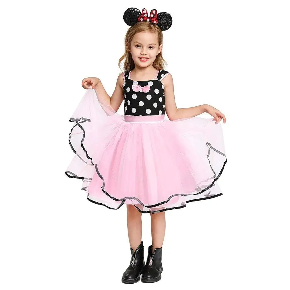 Robe fantaisie minnie pour filles avec top à pois noir et blanc, nœud rose et jupe tutu rose pour fêtes d’anniversaire