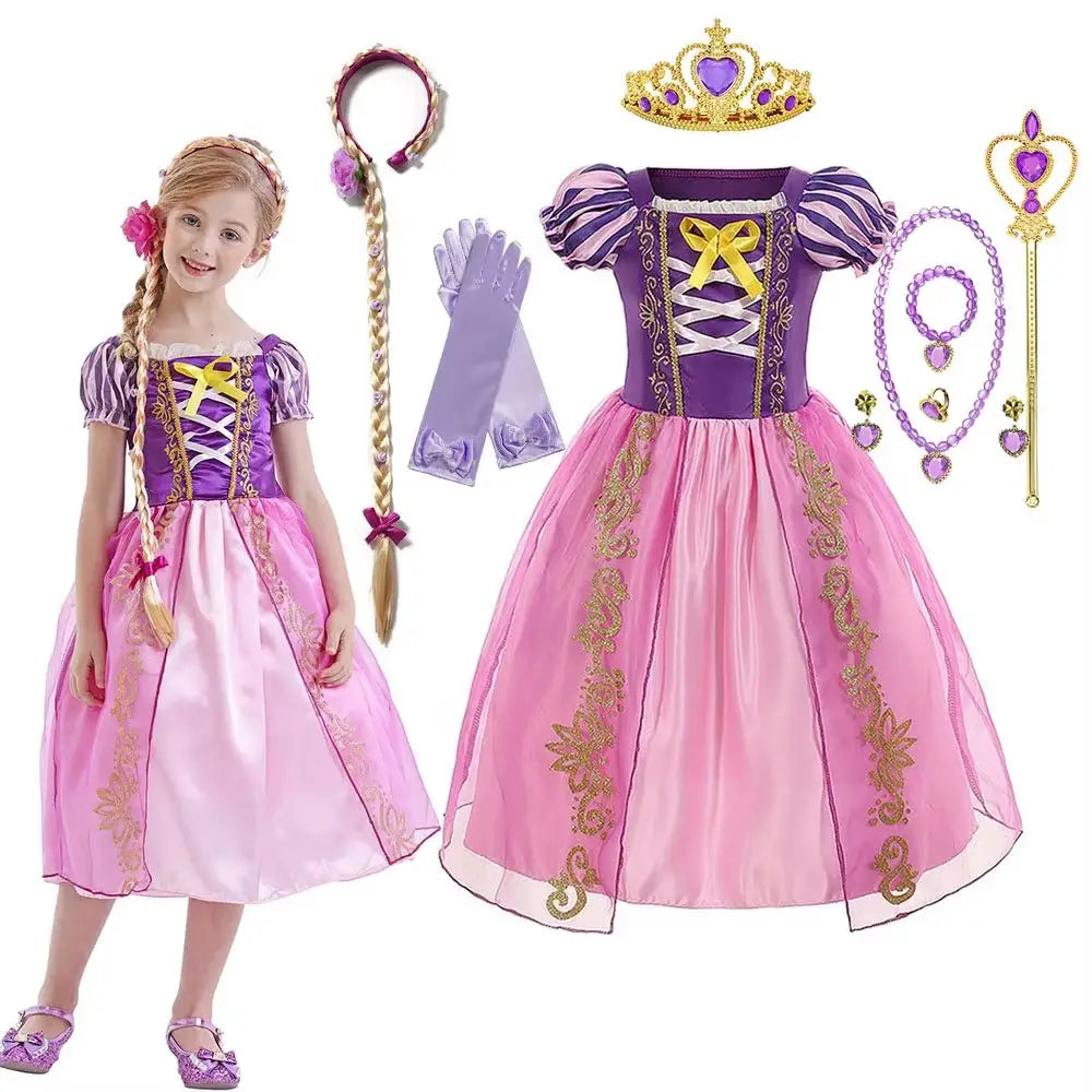 Robe princesse accessoires raiponce violet et rose avec broderies dorées et accessoires royaux transformez complets