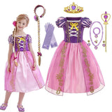 Robe princesse accessoires raiponce violet et rose avec broderies dorées et accessoires royaux transformez complets