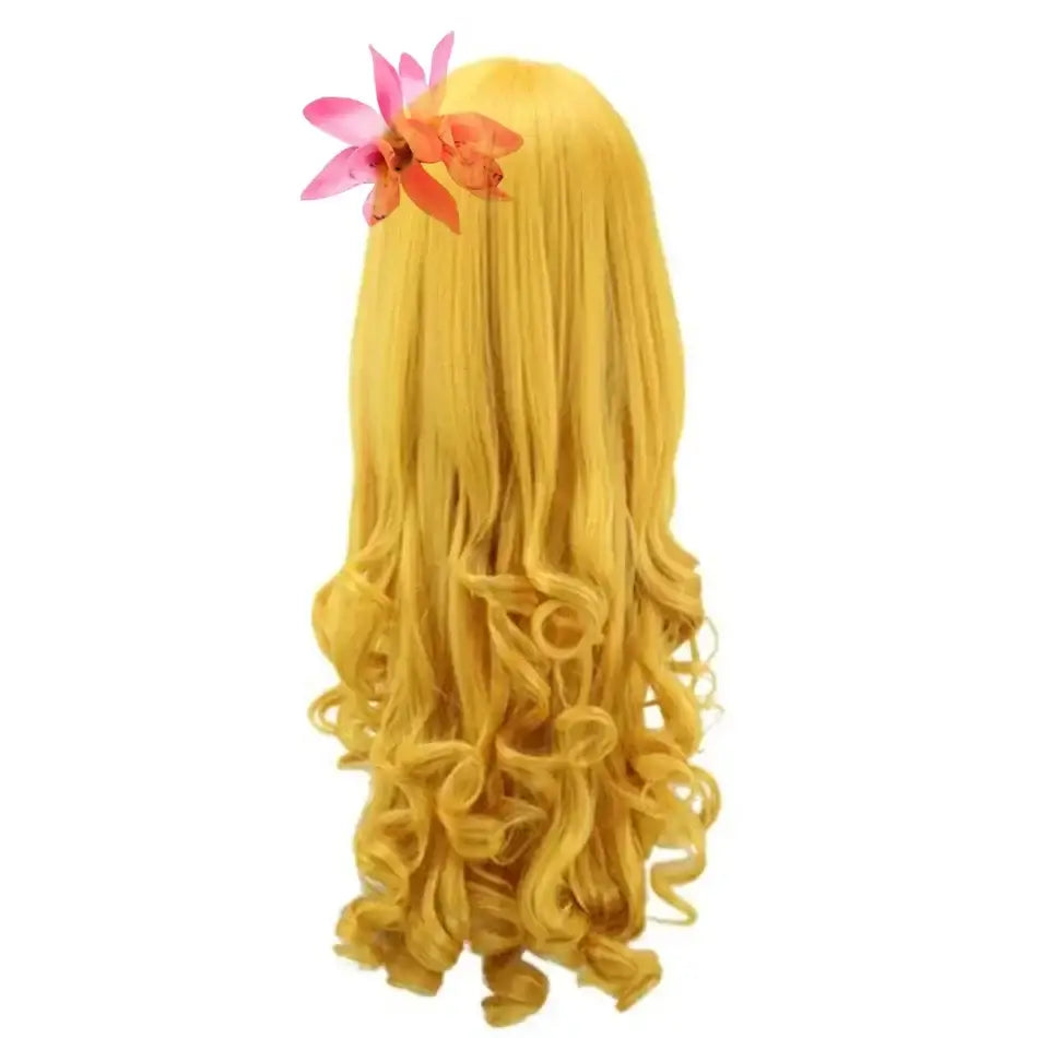 Perruque longue et bouclée dorée avec fleur rose et orange pour Robe Princesse Aurore