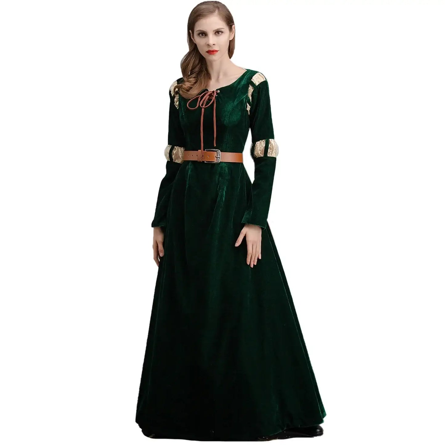 Robe princesse disney merida en velours émeraude avec dentelle dorée aux épaules et ceinture cuir marron capture l’esprit aventurier