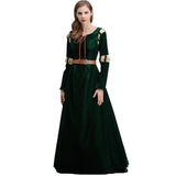Robe princesse disney merida en velours émeraude avec dentelle dorée aux épaules et ceinture cuir marron capture l’esprit aventurier