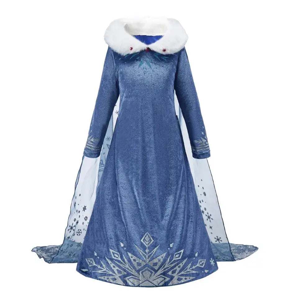 Robe princesse Elsa avec col en fourrure et cape flocons de neige pour fans d’Elsa