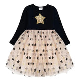 Robe princesse étoile noire à manches longues avec étoile dorée pailletée et jupe tulle étoilée pour activités quotidiennes